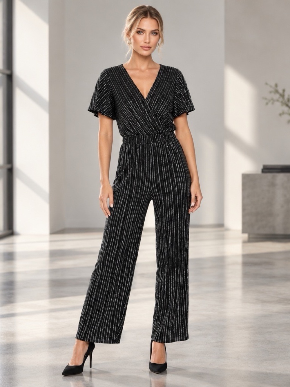 Banana Republic Black Silver Metallic Pleated Wide Leg Jumpsuit Medium